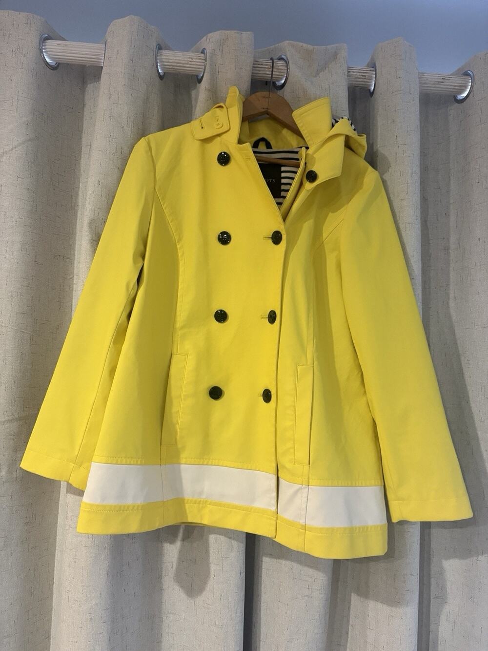 Talbots Yellow Woman Double Breasted Raincoat Hooded Nautical Striped Lining M P
